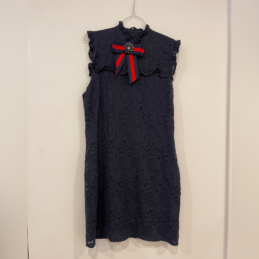 Super Cute Sleeveless Navy Lace Dress with Red Striped Bow - size M